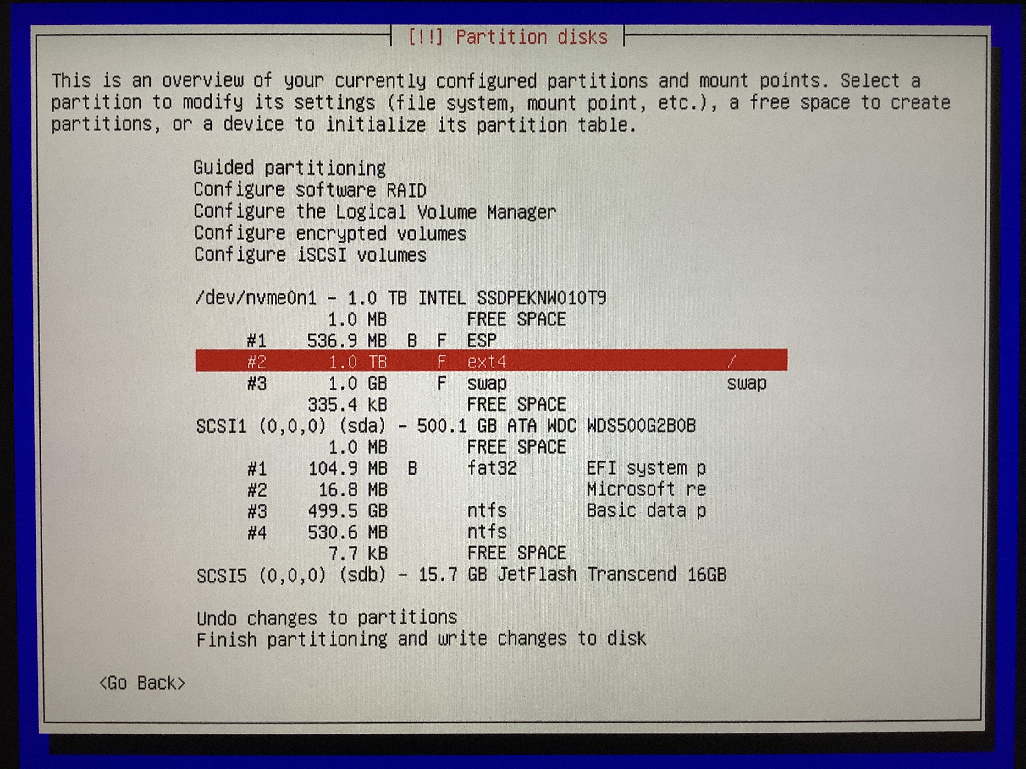 Automatically partitioned INTEL SSD with other disks shown also.